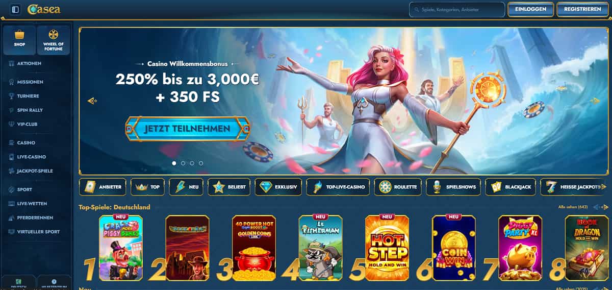 Casea ist die perfekte All-in-One-Lösung für ein casino ohne lugas: Neben einem vollwertigen Sportsbook und über 10.000 Spielen lockt der Anbieter Neukunden mit einem attraktiven, mehrstufigen Willkommenspaket ohne die LUGAS-typischen Limits.